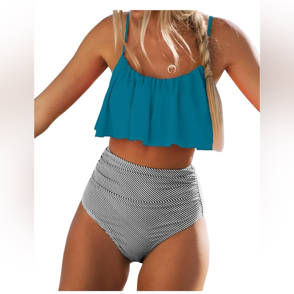 Cupshe Falbala High Waisted Bikini Set Size M Green Ruffled Top Striped Bottom